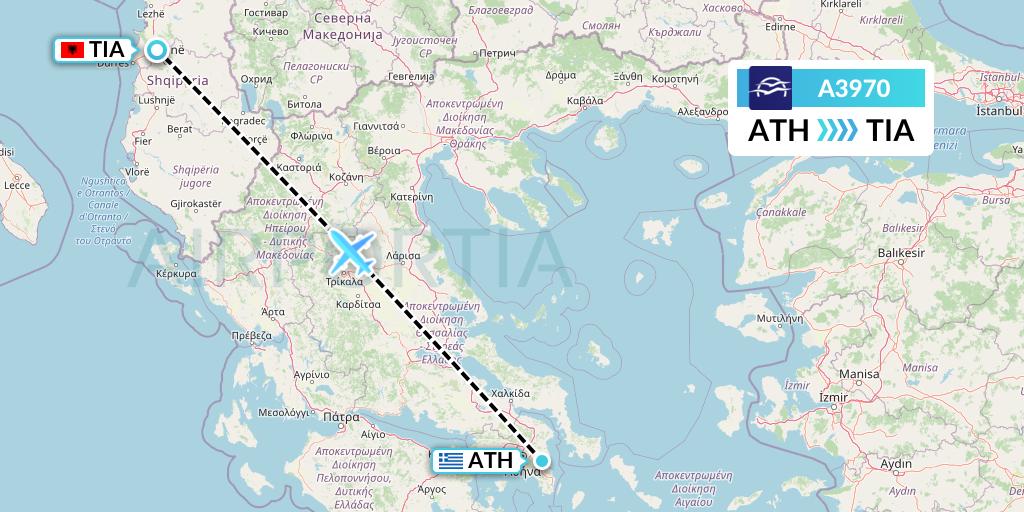 A3970 Aegean Airlines Flight Map: Athens to Tirana