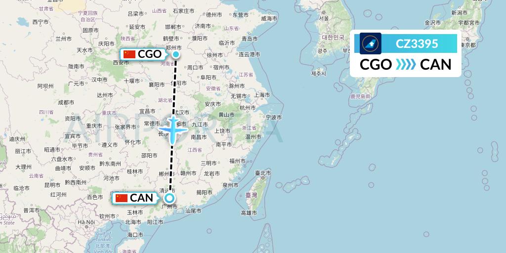 CZ3395 China Southern Airlines Flight Map: Zhengzhou to Guangzhou