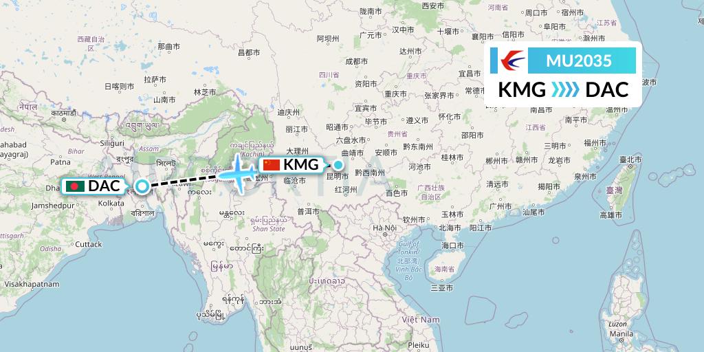 MU2035 China Eastern Airlines Flight Map: Kunming to Dhaka