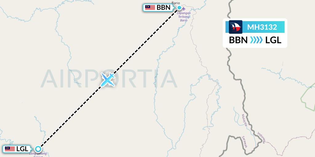MH3132 Malaysia Airlines Flight Map: Bario to Long Datih