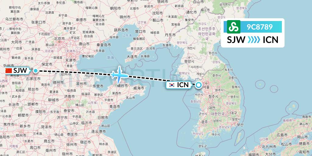 9C8789 Spring Airlines Flight Map: Shijiazhuang to Seoul
