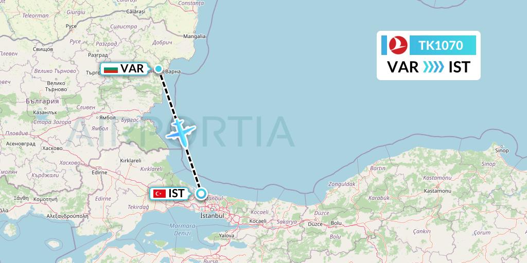 TK1070 Turkish Airlines Flight Map: Varna to Istanbul