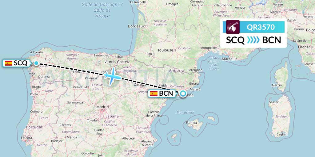 QR3570 Qatar Airways Flight Map: Santiago to Barcelona