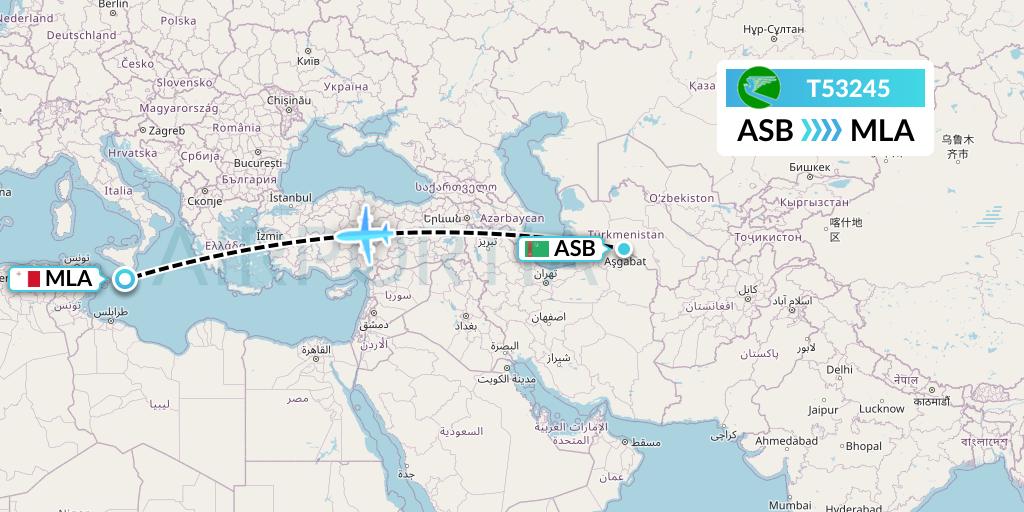 T53245 Turkmenistan Airlines Flight Map: Ashgabat to Malta