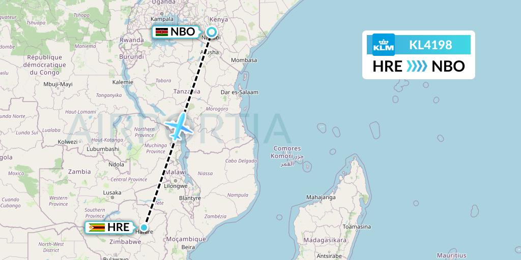 KL4198 KLM Flight Map: Harare to Nairobi