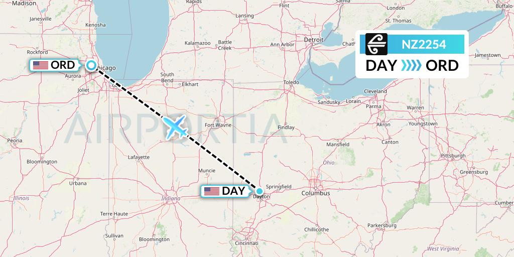 NZ2254 Air New Zealand Flight Map: Dayton to Chicago