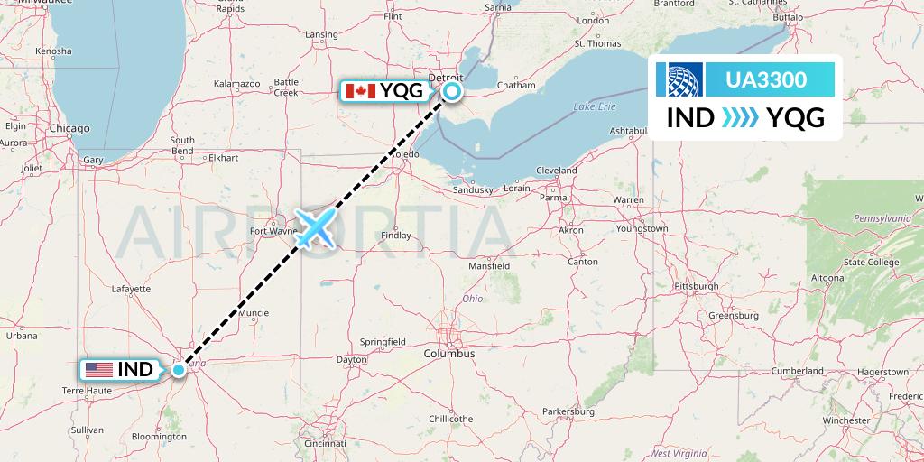 UA3300 United Airlines Flight Map: Indianapolis to Windsor