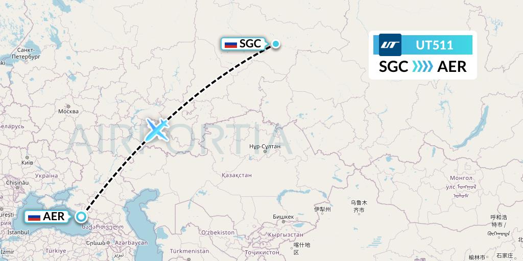 UT511 UTair Flight Map: Surgut to Sochi