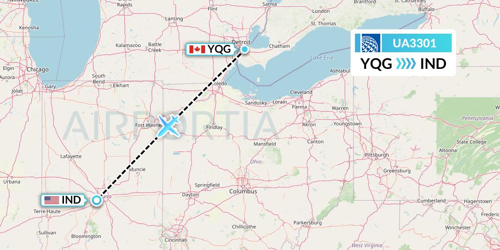 UA3301 United Airlines Flight Map: Windsor to Indianapolis
