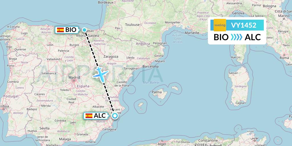 VY1452 Vueling Flight Map: Bilbao to Alicante