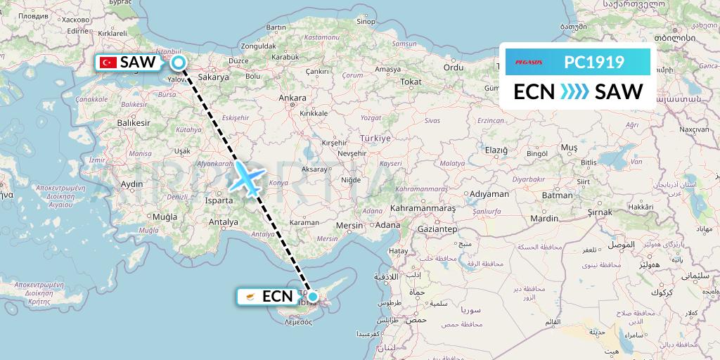 PC1919 Pegasus Airlines Flight Map: Tymvou to Istanbul