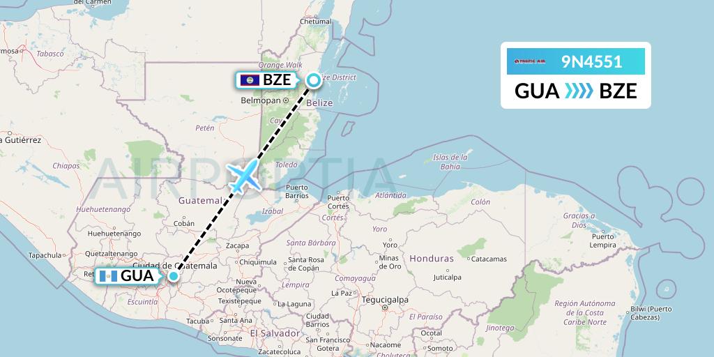 9N4551 Tropic Air Flight Map: Guatemala City to Belize City