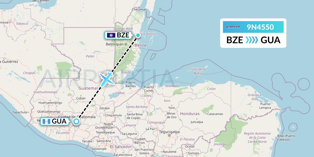9N4550 Tropic Air Flight Map: Belize City to Guatemala City