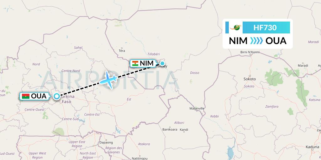 HF730 Air Cote d'Ivoire Flight Map: Niamey to Ouagadougou
