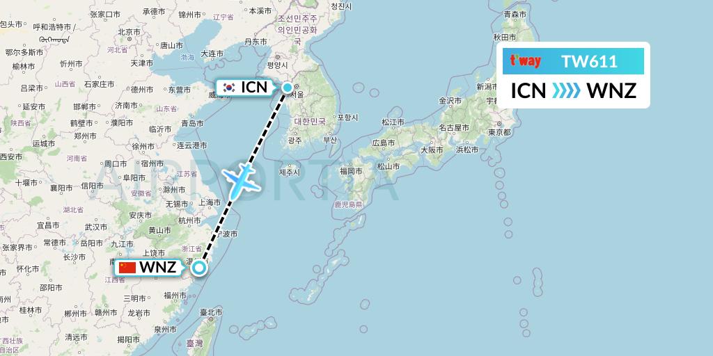 TW611 T'way Air Flight Map: Seoul to Wenzhou