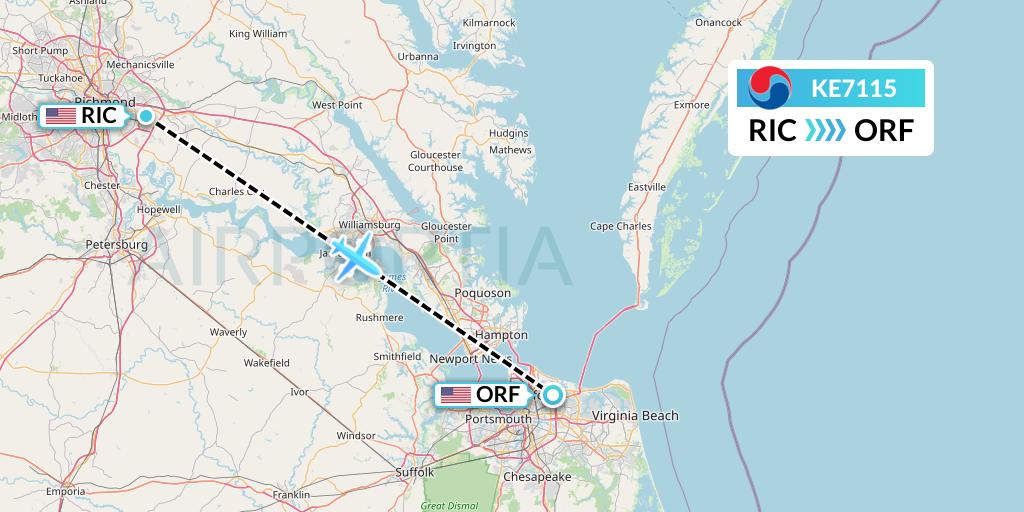 KE7115 Korean Air Flight Map: Richmond to Norfolk