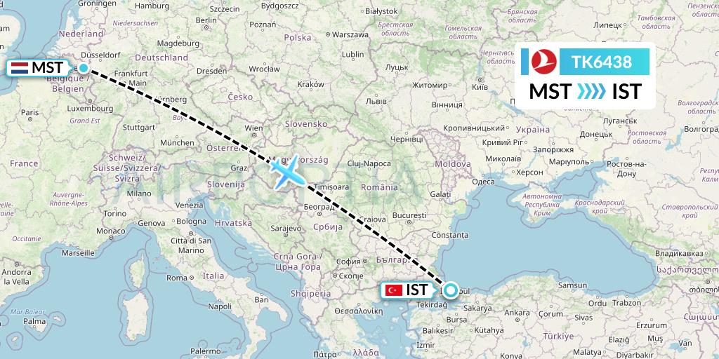 TK6438 Turkish Airlines Flight Map: Maastricht to Istanbul