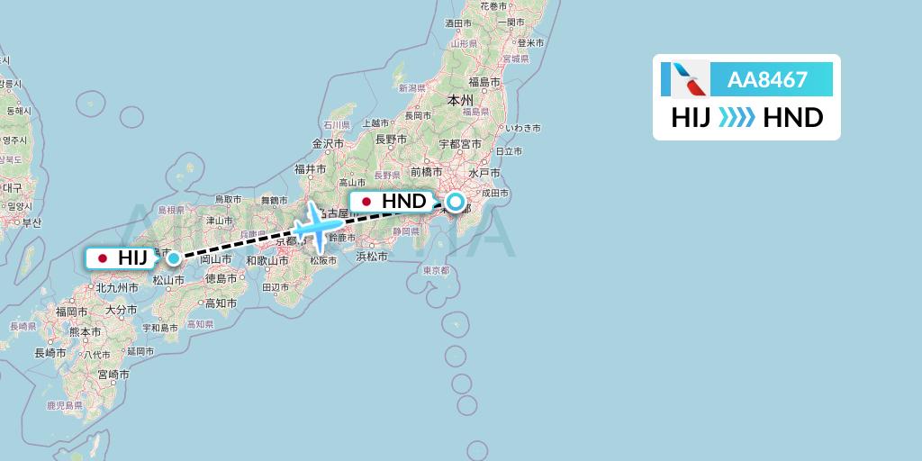 AA8467 American Airlines Flight Map: Hiroshima to Tokyo