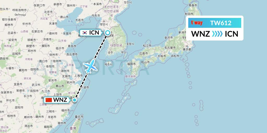 TW612 T'way Air Flight Map: Wenzhou to Seoul