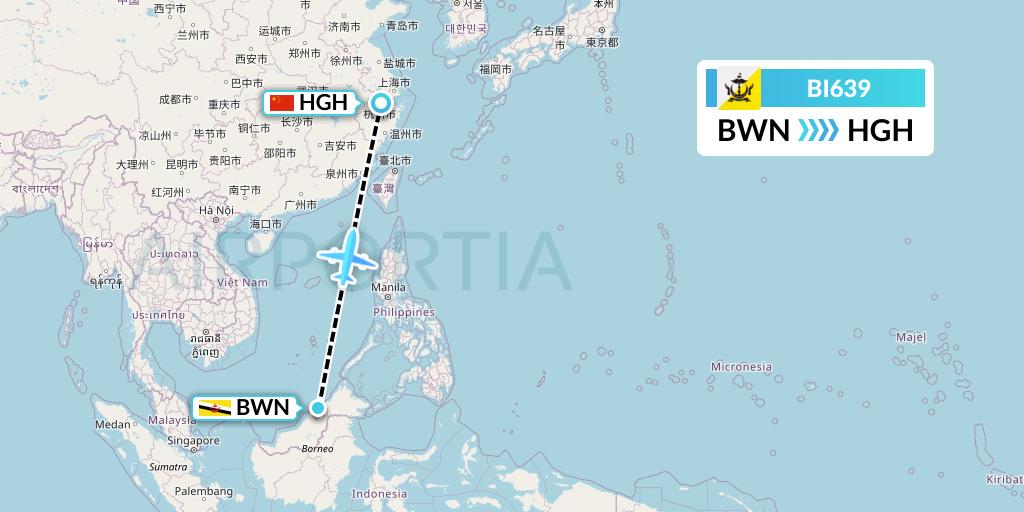 BI639 Royal Brunei Airlines Flight Map: Brunei to Hangzhou