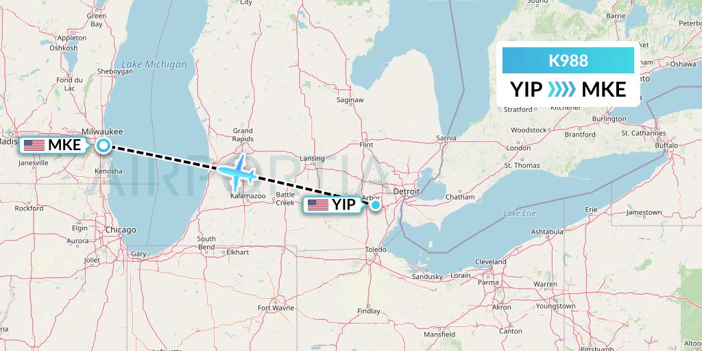 K988 Kalitta Charters Flight Map: Detroit to Milwaukee