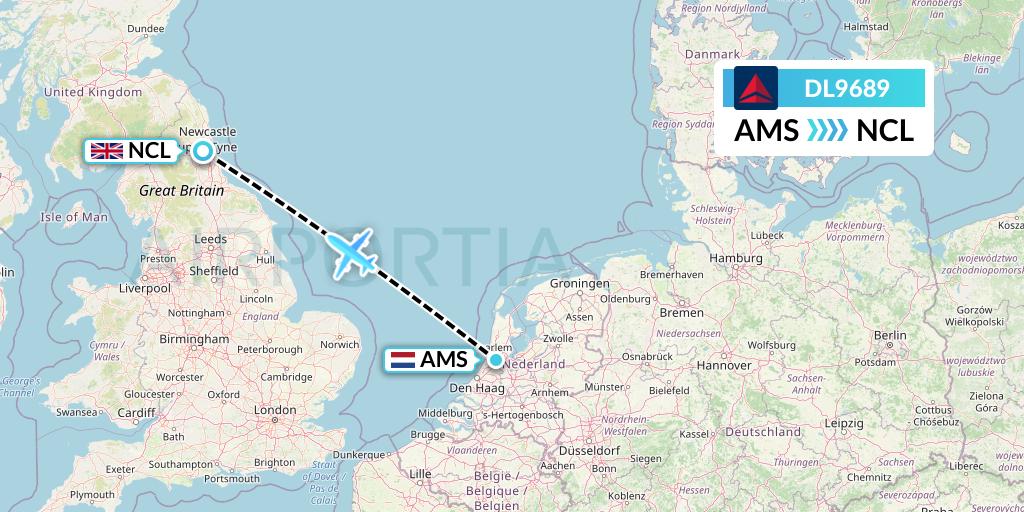 DL9689 Delta Air Lines Flight Map: Amsterdam to Newcastle