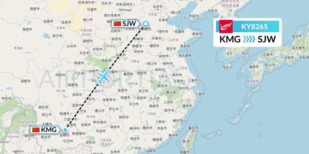 KY8265 Kunming Airlines Flight Map: Kunming to Shijiazhuang