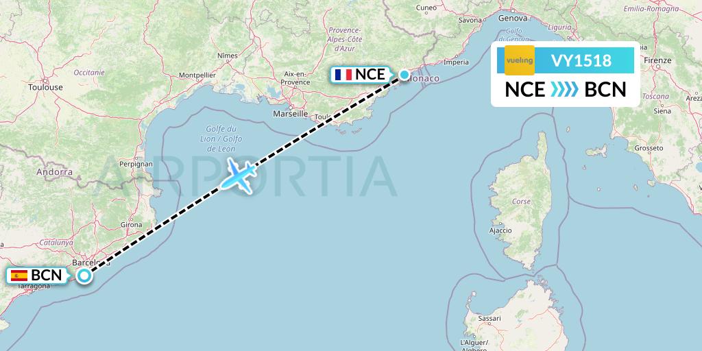 VY1518 Vueling Flight Map: Nice to Barcelona