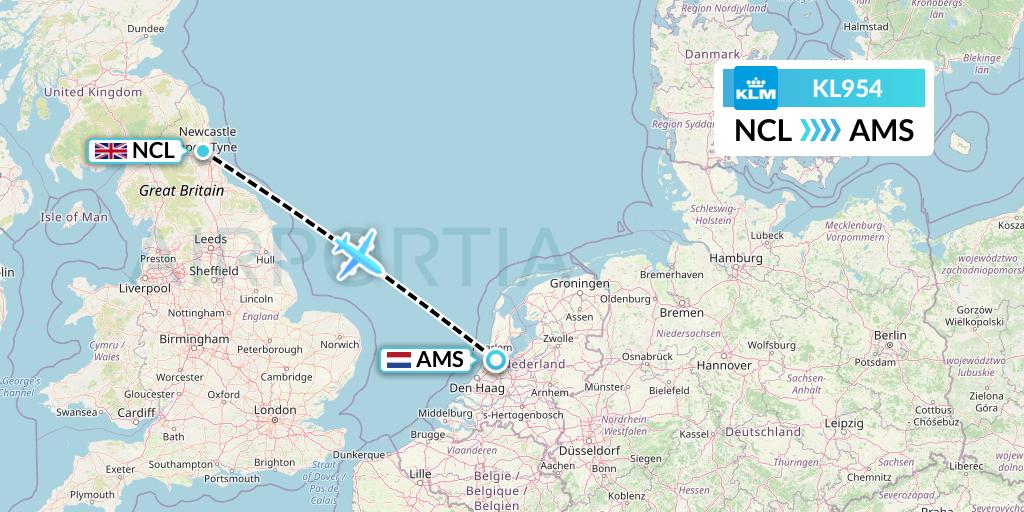 KL954 KLM Flight Map: Newcastle to Amsterdam