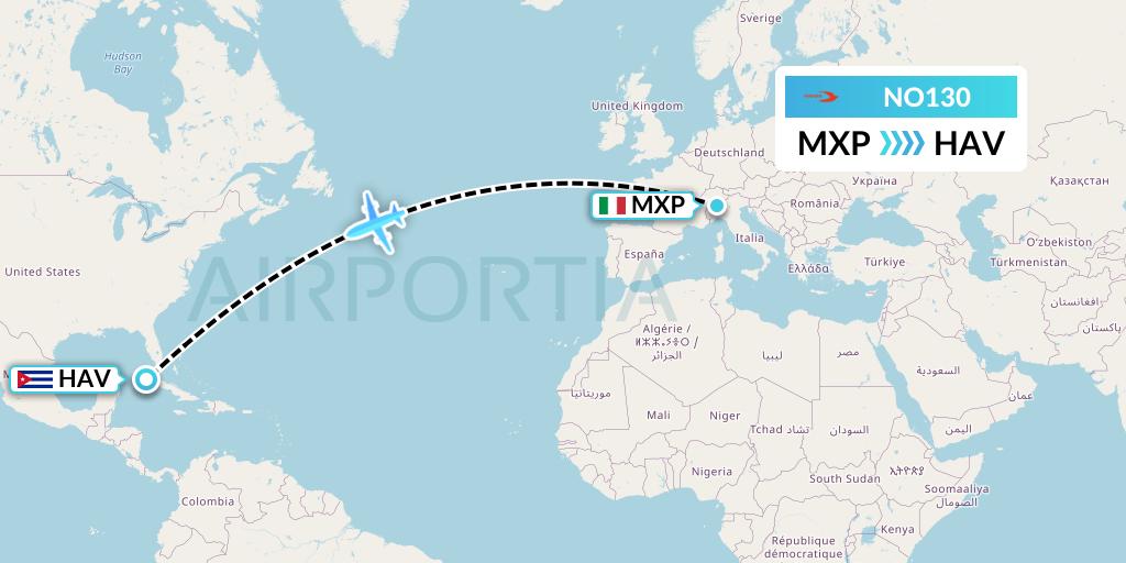 NO130 Neos Flight Map: Milan to Havana