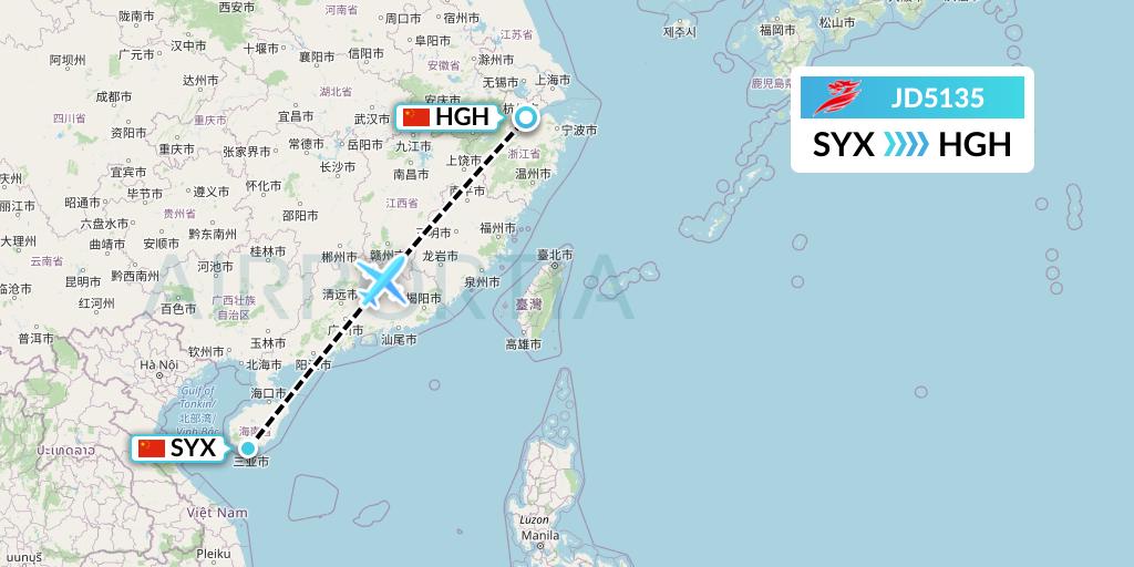 JD5135 Capital Airlines Flight Map: Sanya to Hangzhou