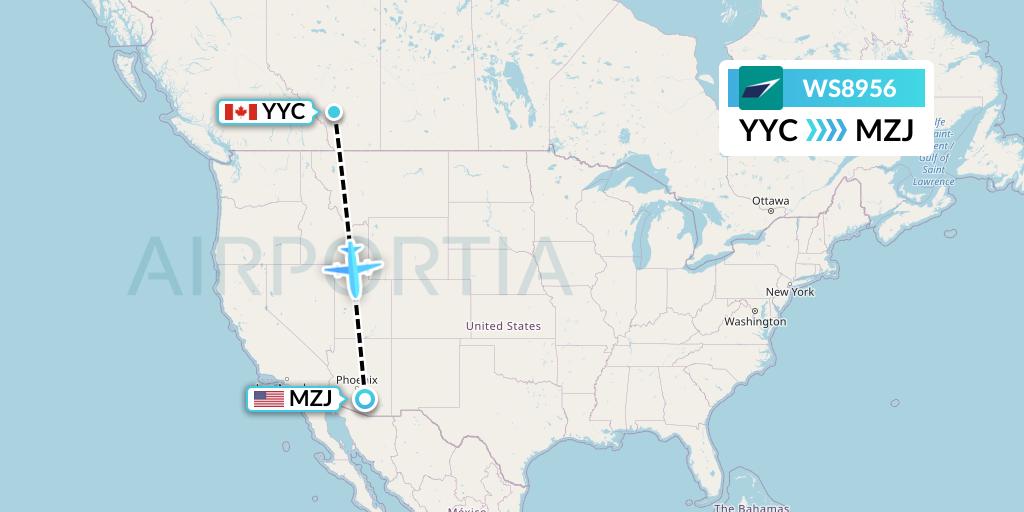 WS8956 WestJet Flight Map: Calgary to Marana