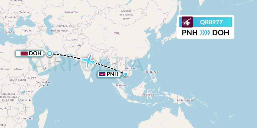 QR8977 Qatar Airways Flight Map: Phnom Penh to Doha