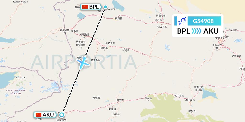 G54908 China Express Airlines Flight Map: Bole to Aksu