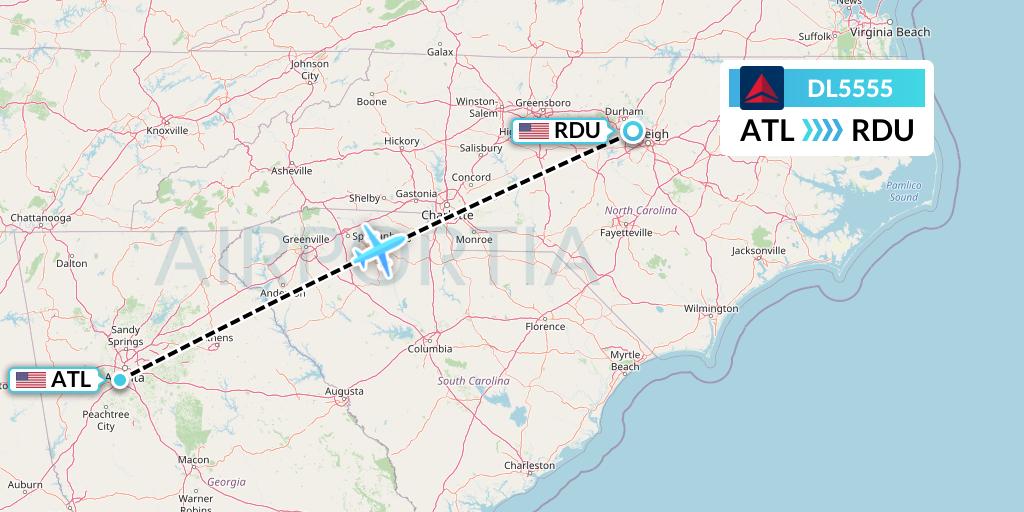 DL5555 Delta Air Lines Flight Map: Atlanta to Raleigh-Durham
