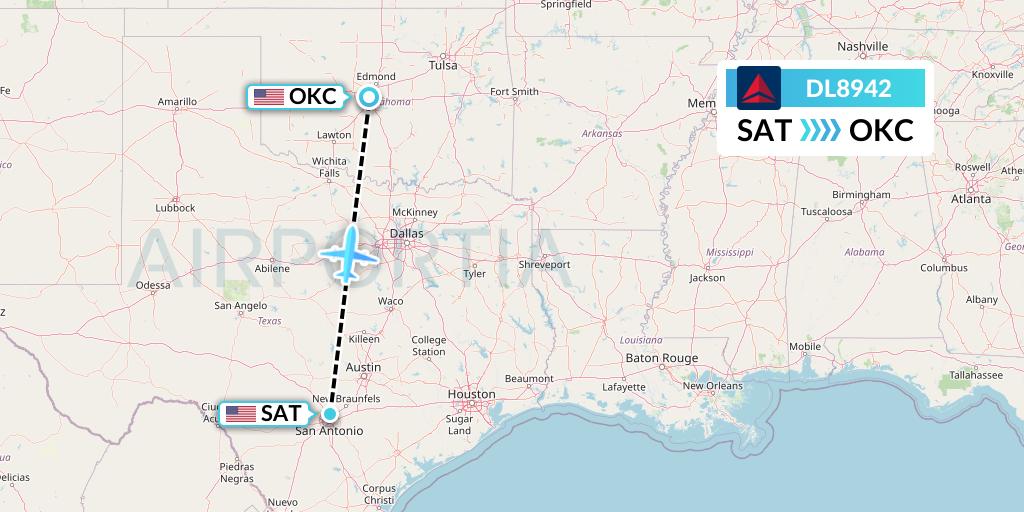 DL8942 Delta Air Lines Flight Map: San Antonio to Oklahoma City