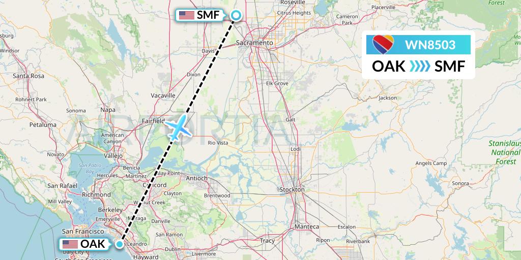 WN8503 Southwest Airlines Flight Map: Oakland to Sacramento