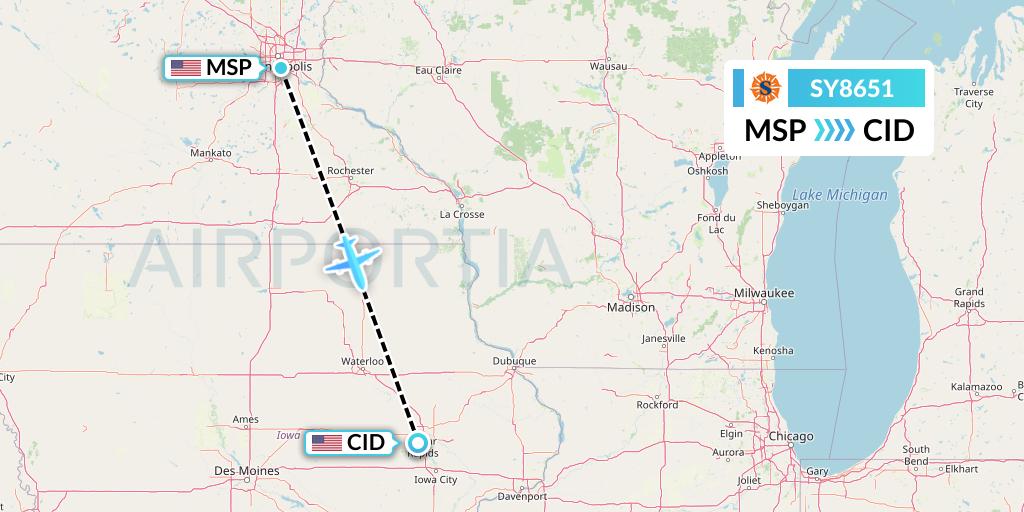 SY8651 Sun Country Airlines Flight Map: Minneapolis to Cedar Rapids
