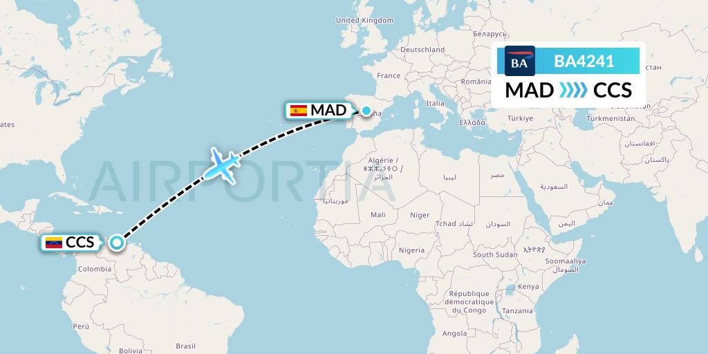 BA4241 British Airways Flight Map: Madrid to Caracas