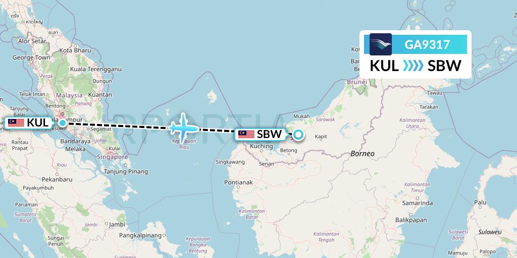 GA9317 Garuda Indonesia Flight Map: Kuala Lumpur to Sibu