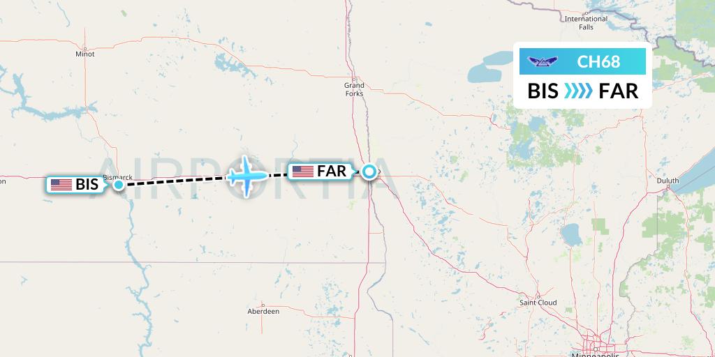 CH68 Bemidji Airlines Flight Map: Bismarck to Fargo