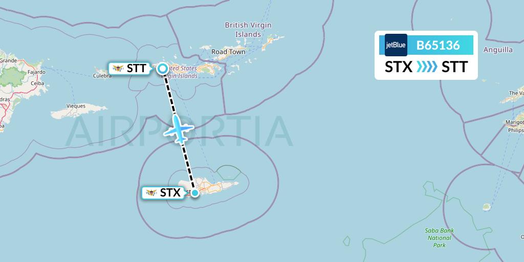 B65136 JetBlue Airways Flight Map: St. Croix to St. Thomas