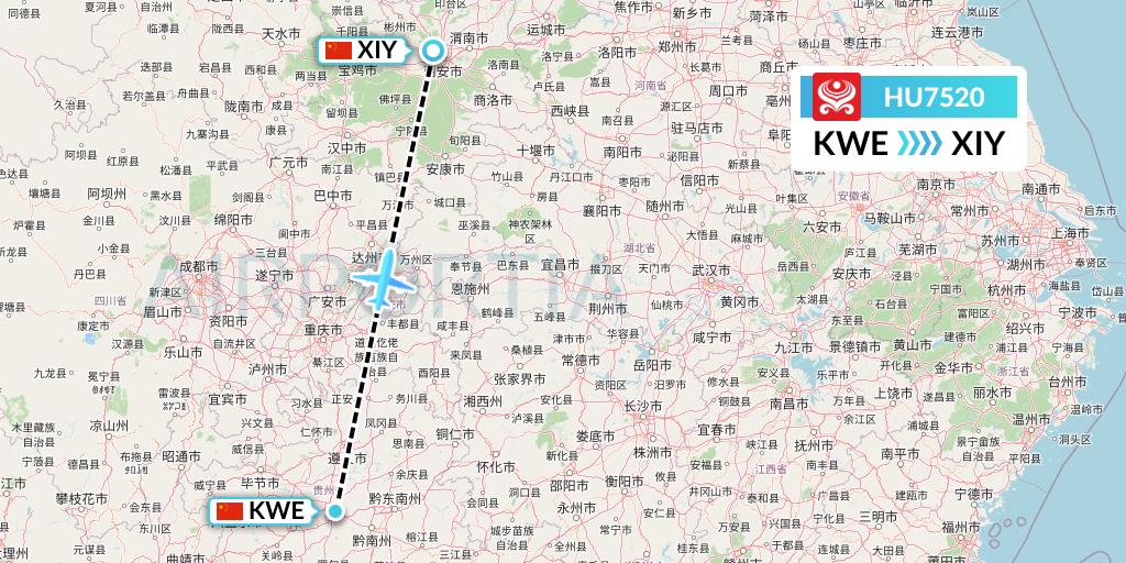 HU7520 Hainan Airlines Flight Map: Guiyang to Xi'an