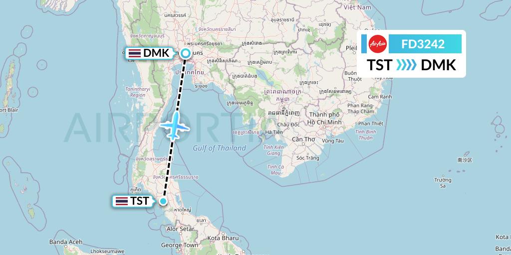 FD3242 Thai AirAsia Flight Map: Trang to Bangkok