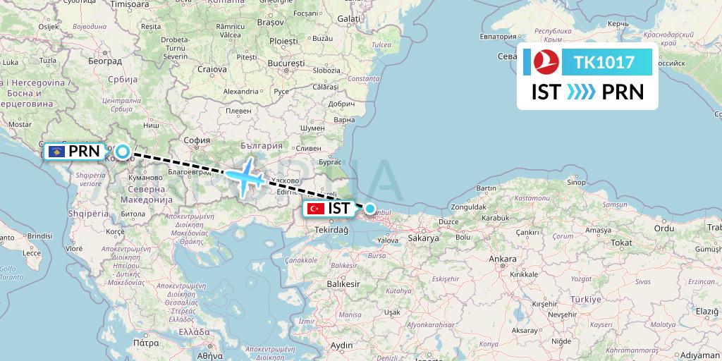 TK1017 Turkish Airlines Flight Map: Istanbul to Pristina