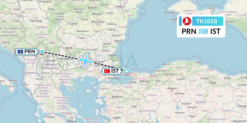 TK1018 Turkish Airlines Flight Map: Pristina to Istanbul