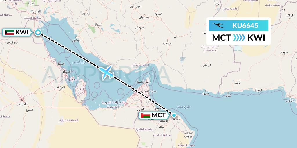 KU6645 Kuwait Airways Flight Map: Muscat to Kuwait City