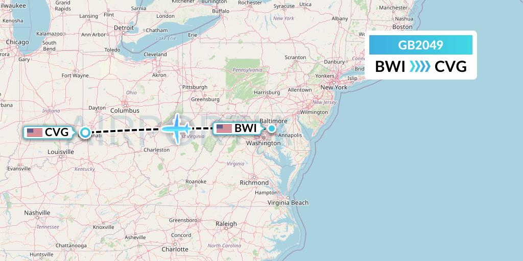 GB2049 ABX Air Flight Map: Baltimore to Cincinnati