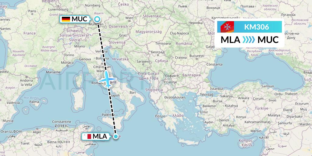 KM306 Air Malta Flight Map: Malta to Munich