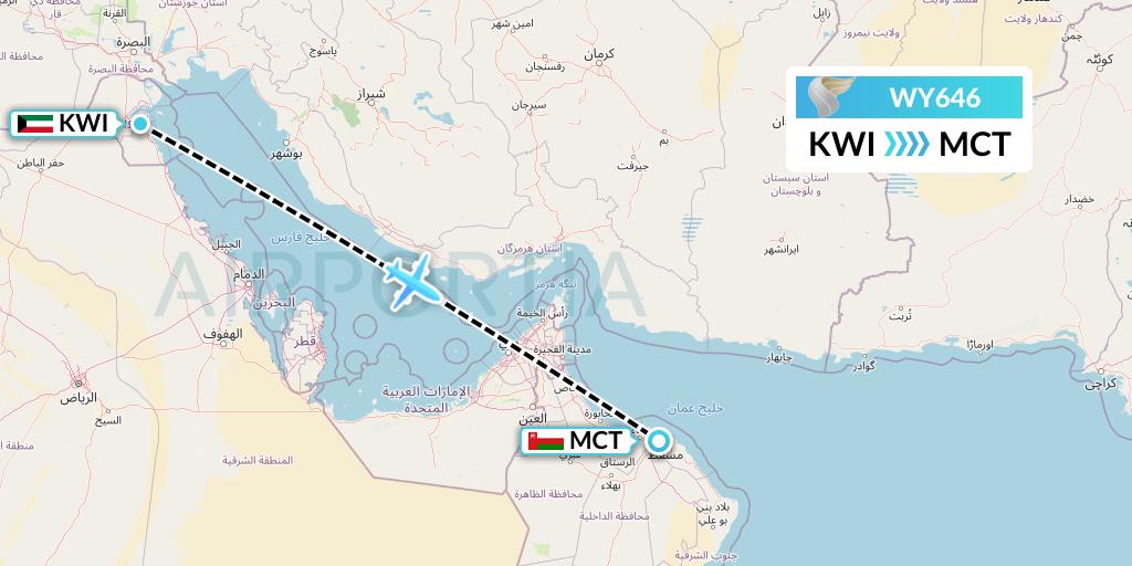 WY646 Oman Air Flight Map: Kuwait City to Muscat